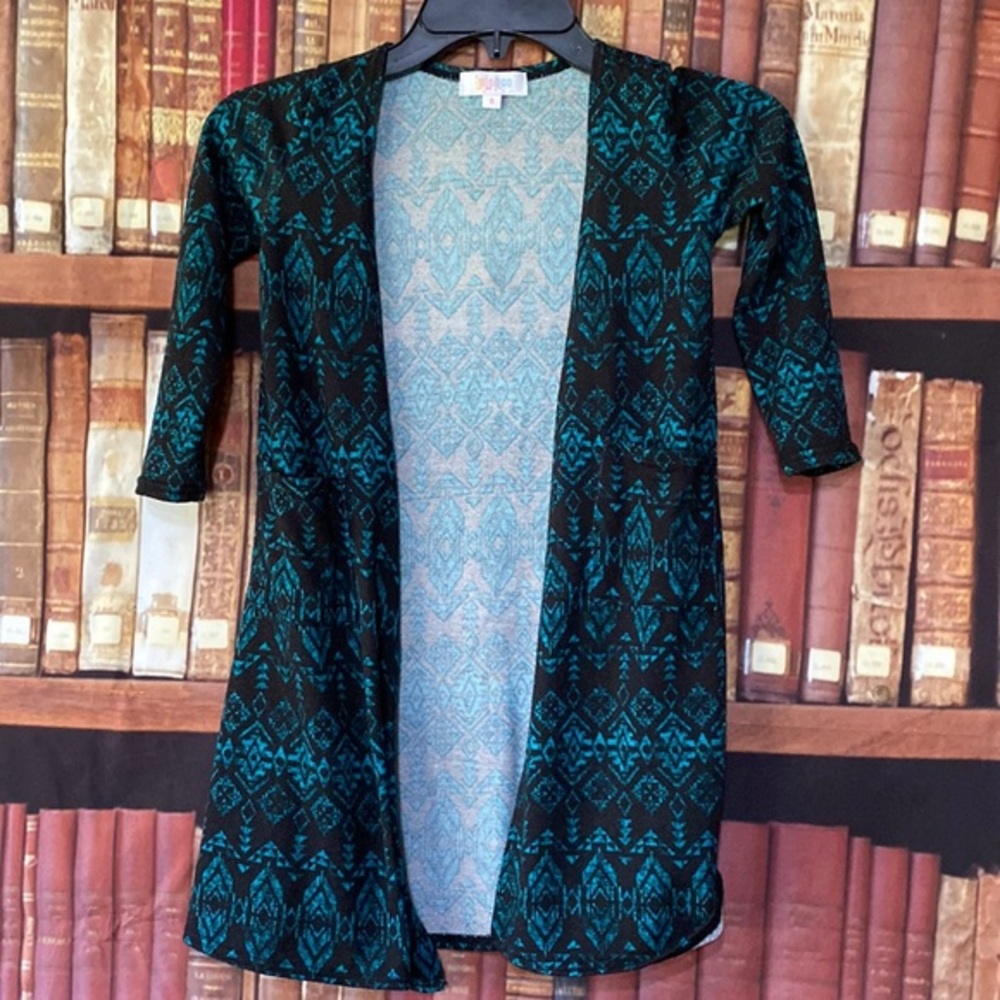 LuLaRoe Sariah Girls Open Front Cardigan Teal Black Geometric Size 6